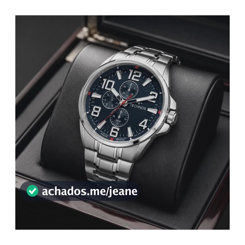 Relógio Technos Masculino 6P27DUT/1A 45 Milímetros Aço Inoxidável Prata Com Fundo Azul Multifunção com Calendário Prova D´Agua 50m