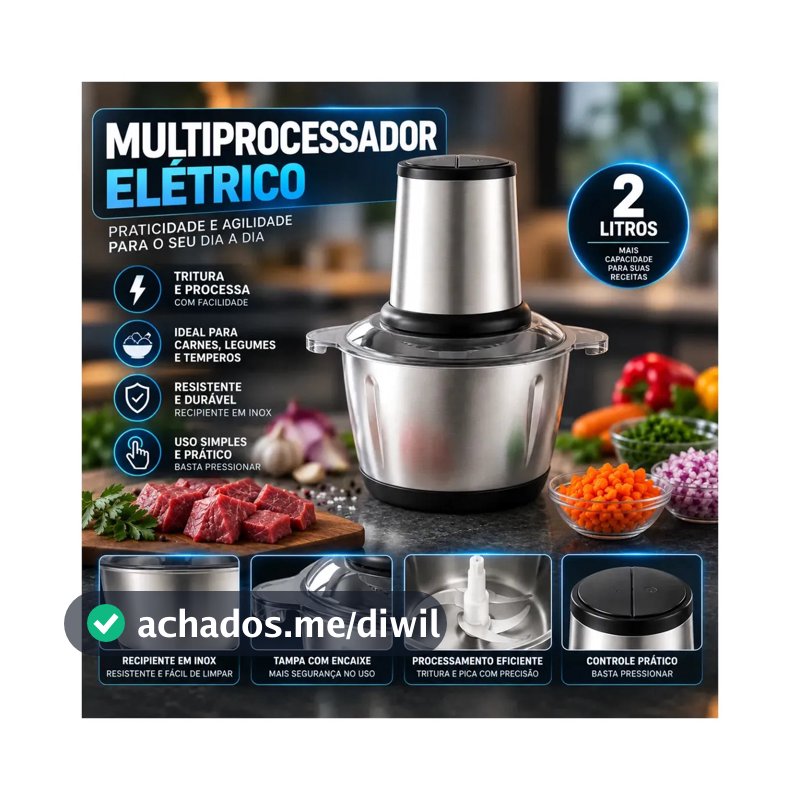Multiprocessador Elétrico 2L 400W Inox Triturador Moedor Picador de Alimentos para Carne Legumes Alho Temperos Cozinha Hardline