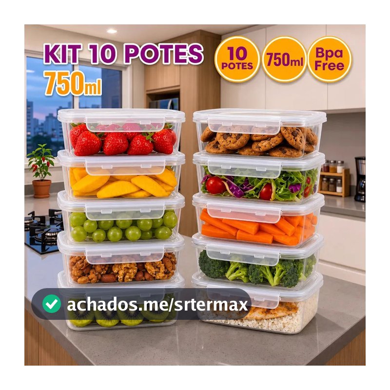 Kit 10 Potes 750ml com Tampa Trava Plástico Transparente para Mantimentos e Alimentos Marmita Organizador de Cozinha Geladeira e Freezer Jogo de Potes para Organização Ponte Lar Utilidades