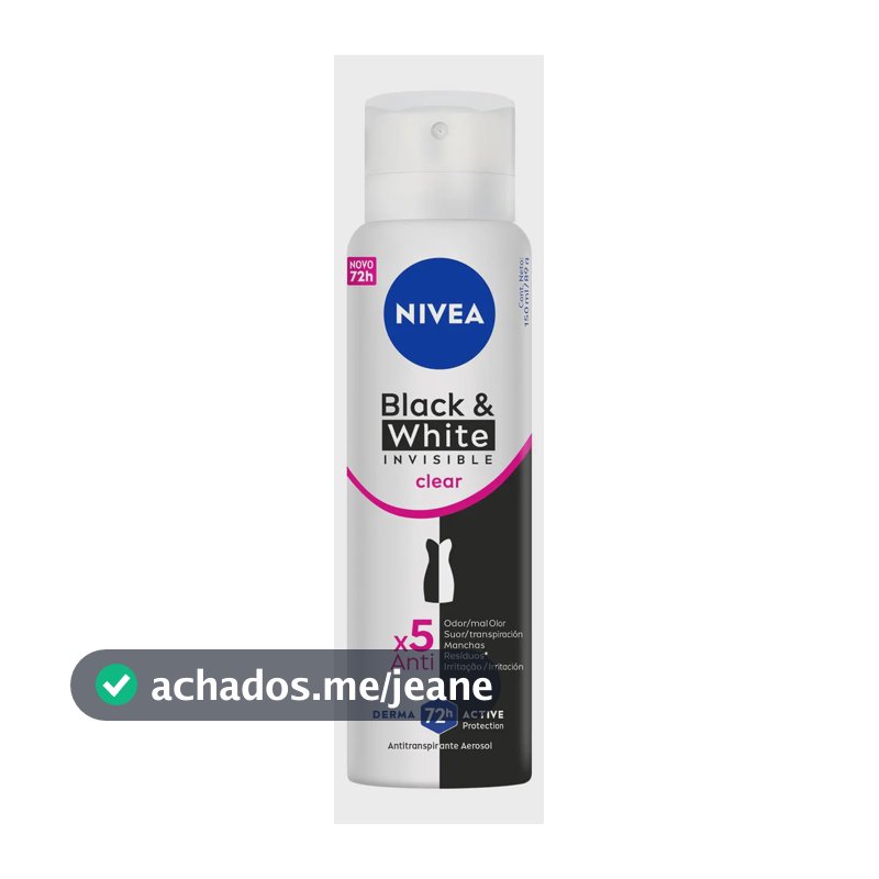 NIVEA Desodorante Antitranspirante Aerossol Black & White INVISIBLE Clear 150ml, Proteção 72h, Contra Suor e Odor, Anti-manchas