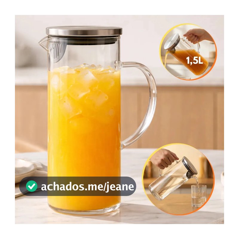 Jarra Vidro Borossilicato 1,5 Litros Tampa Inox Hermética Agua Suco Transparente