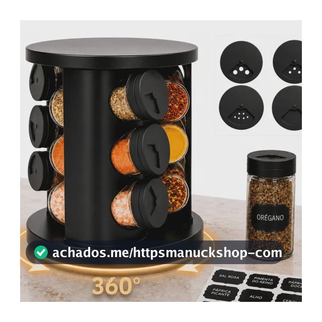 Porta Temperos Condimentos 9 Potes De Vidro Base Giratória 360° 9 Etiquetas Adesiva Organizador Cozinha Dosador Suporte Bancada Mesa Orégano Sal Páprica Pimenta Indue Variedades