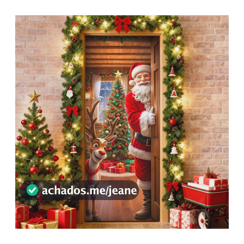 Capa De Porta Natal 3d Decorativo Em Tecido Papai Noel Decoração Natalina Veste Fácil 0,80x2,10m Para Decoração De Casa