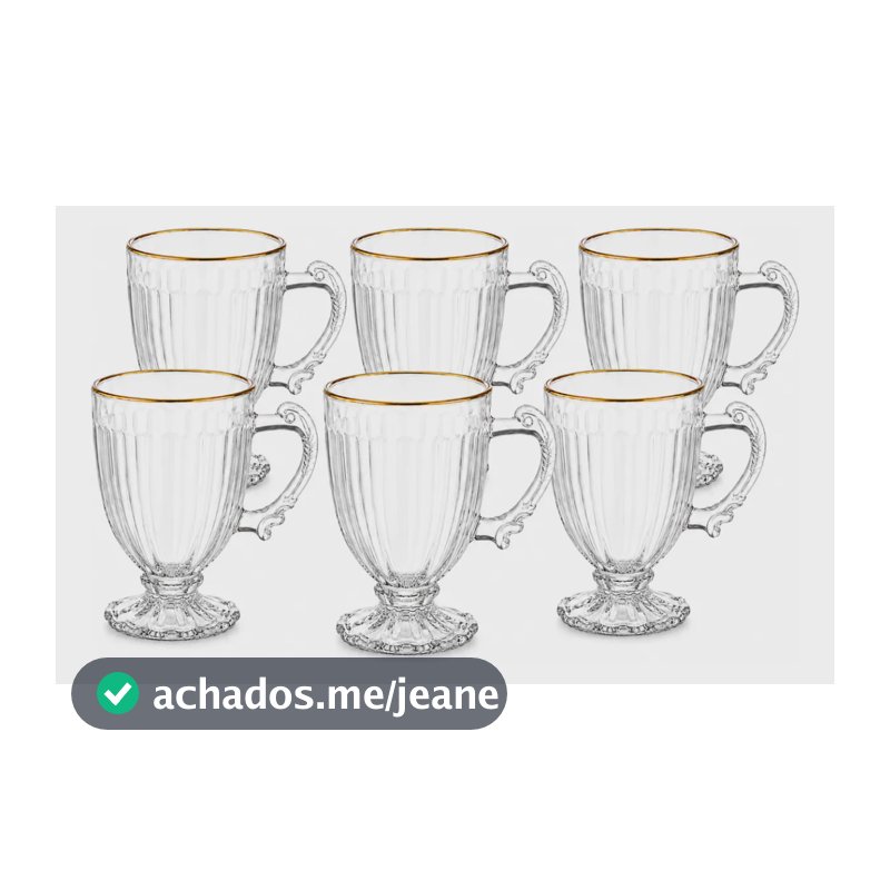 Jogo 6 Canecas Vidro Borda Dourada Café Capuccino 190ml Transparente
