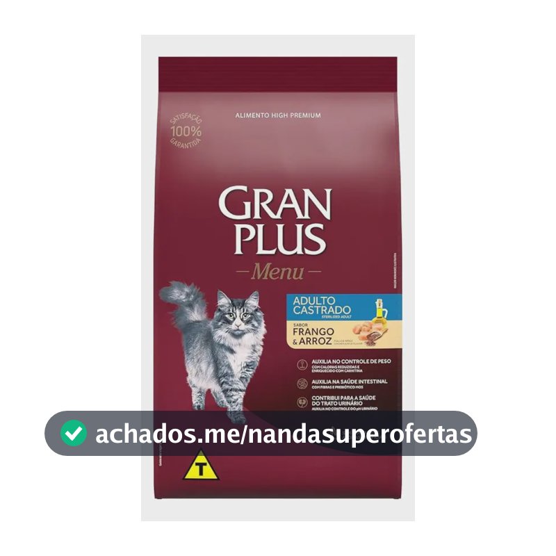 Ração Seca Gran Plus Gato Adulto Castrado Frango Arroz 3kg