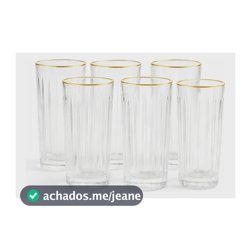 Jogo De 6 Copos Vidro Alto Grosso Borda Dourada Egeu 370ml