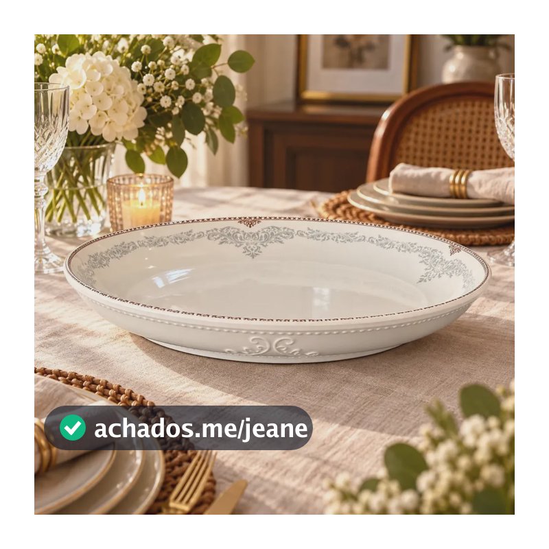 Travessa Decorativa Clássica Marfim Com Arabescos 33 Cm H7cm