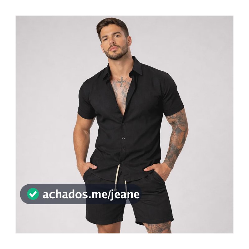 Conjunto Masculino Linho Camisa Shorts Mauricinho Preto