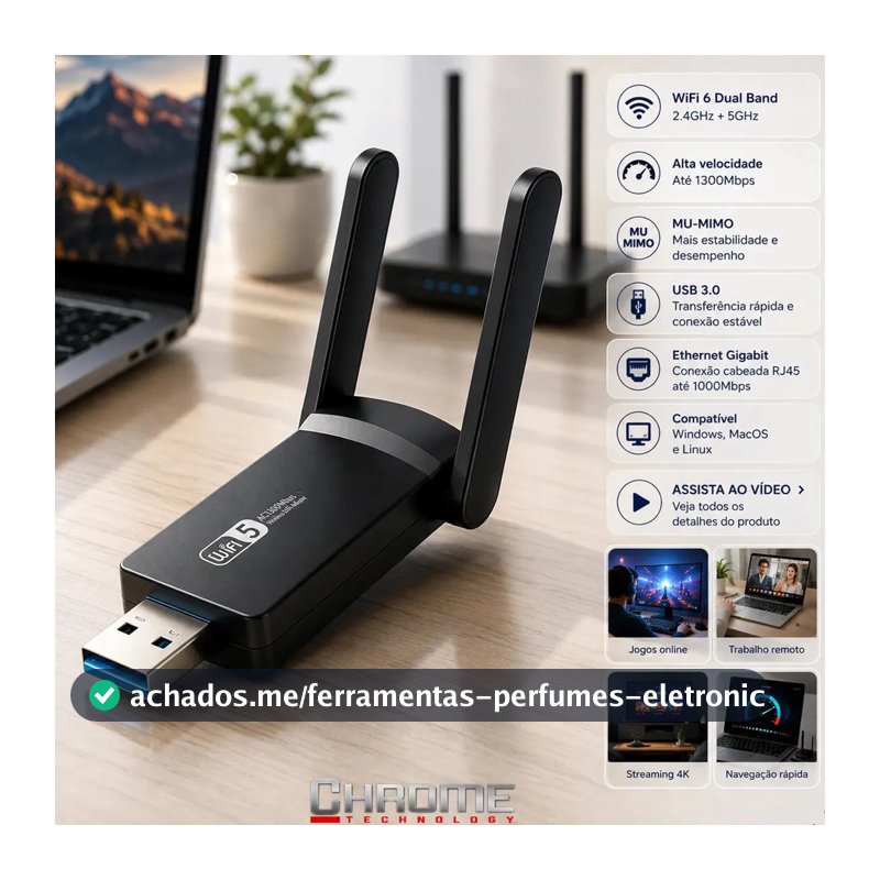 Adaptador Wifi Computador Pc Notebook Jogos Usb 3.0 Dual Band 5ghz Wifi 6 - Placa De Rede Wifi Gigabit Alta Velocidade Mu-mimo - Adaptador Ethernet Usb Rj45 Rtl8812bu Compatível C/ Mac Windows Linux.