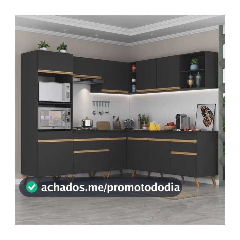 Armário Cozinha Completa De Canto Veneza Multimóveis V2045 Cor Preto/Dourado