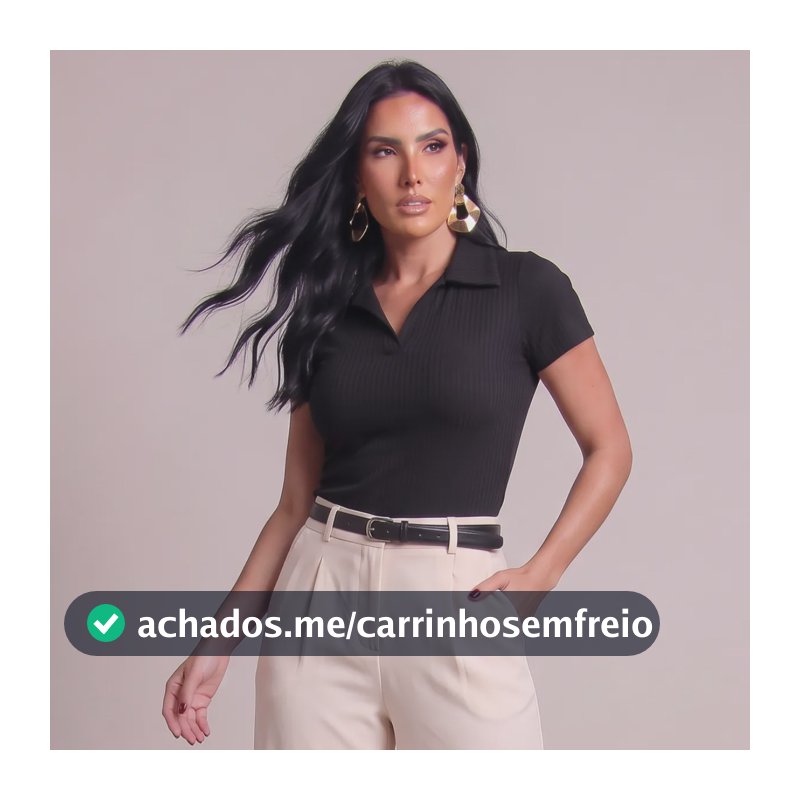 Camisa Polo Feminina Gola Italiana Ribana Manga Curta Slim Preto Canelado G