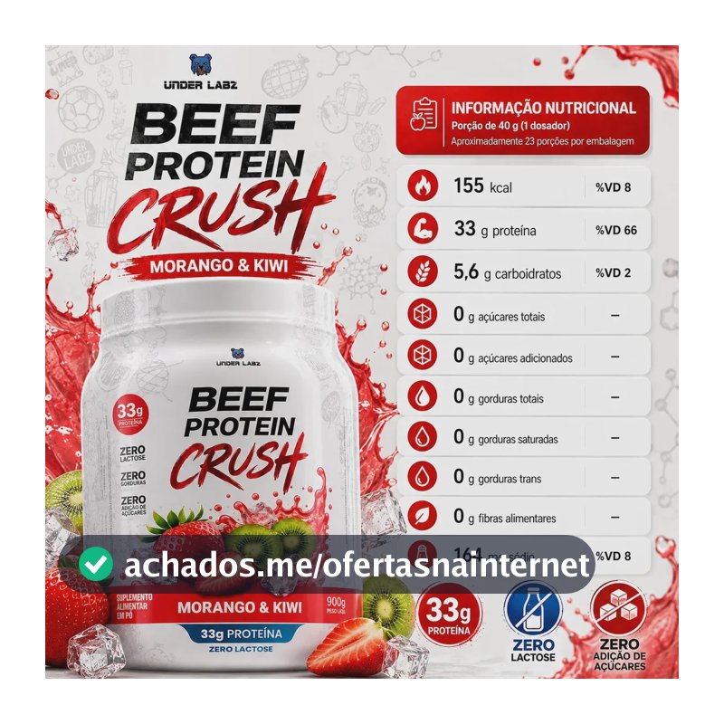 Proteína Under Labz Beef Crush em pó sabor Morango kiwi x 910g