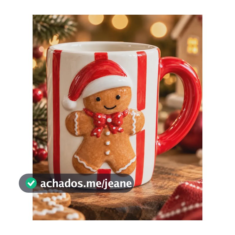 Caneca Natalina Cerâmica Biscoito Gingerbread Boneco Natal Branco E Vermelho Biscoito
