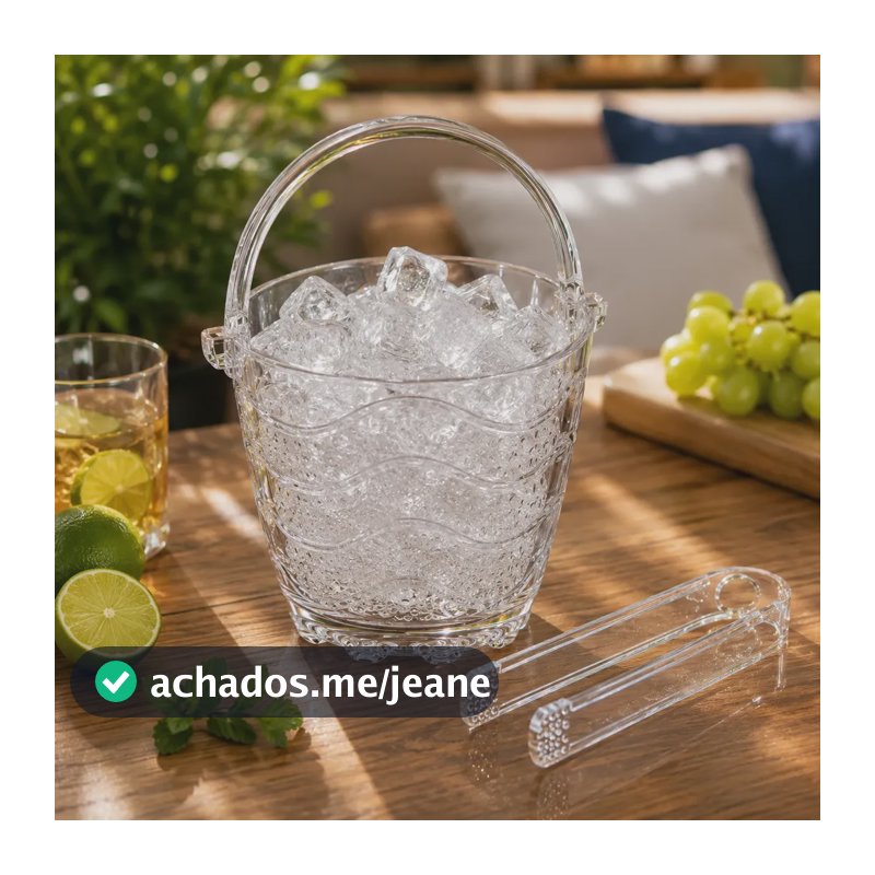 Balde De Gelo Vidro Cristal 800ml Com Alça  Pegador Acrilico Cristal Linhas Onduladas