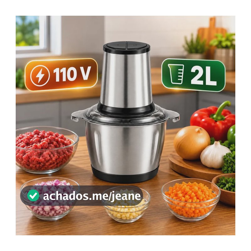 Triturador Elétrico Alimentos 2 L Inox 4 Lâminas Processador Carne Legumes Temperos Picador Portátil Multifuncional Cozinha 110v Alho Cebola Frutas Congeladas Verduras Compacto Potente Rápido Prático