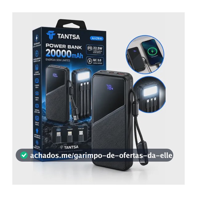 Power Bank 20000mAh Tantsa Carregador Portátil Turbo 22,5W QC 3.0 Carga Rápida Com Cabos Integrados Micro USB USB-C Para iPhone Android Display Digital Lanterna SOS Preto