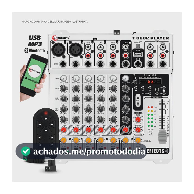 Mesa De Som Player T0602 Taramps Efeito Echo Fx Rca Xlr P10 T 0602 6 Entradas Mixer Equalizador Mp3 Usb Fm Bluetooth 6 Canais Som Automotivo