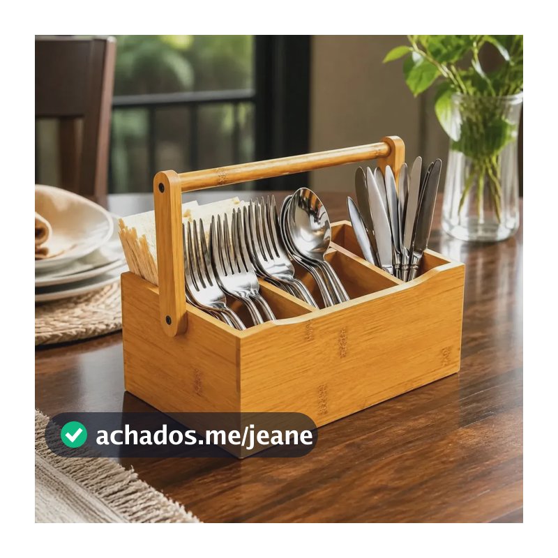 Porta Talheres Utensilios De Mesa Bambu Organizador Suporte Com Alça Resistente Nuun