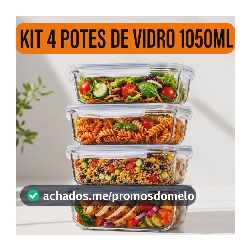 Kit 4 Potes Herméticos de Vidro Borossilicato Yab Retangular 1.05 L Com Tampa