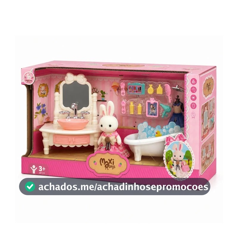 Casinha Boneca Coelho Brinquedo Infantil Mini Cenários Móveis Acessórios Coleção HopJoy Maxi Toys - Hora do Banho