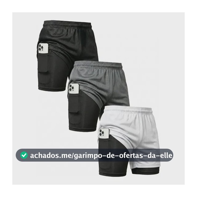 Kit 3 Shorts 2 Em 1 Duplo Bolso Para Academia Treino Corrida