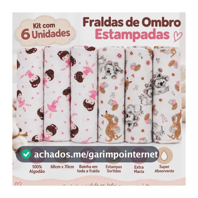 Kit 6 Fralda De Ombro Estampada C/ Bainha Grande Enxoval
