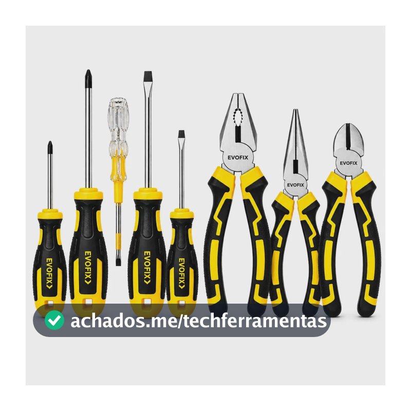 Kit Ferramentas Manuais EVOFIX Completo: Alicate Universal, de Corte e Bico, Chaves de Fenda e Phillips com Testador de Voltagem