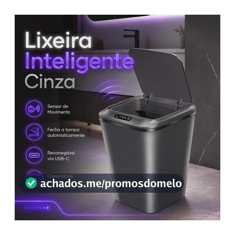 Lixeira Inteligente Sensor Automático 16l Cinza Smart Recarregável Para Banheiro E Cozinha