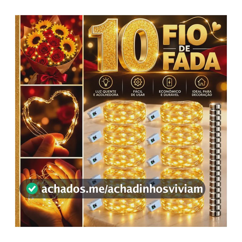 Kit 10 Fio De Fada Cordão De Led 2 Metro E 20 Leds Cada Luz Amarelo Pisca Pisca Natal Pilhas Inclusa Decoração Marca Kururuá