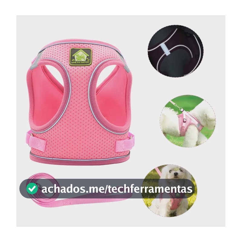 Coleira Peitoral Pra Cachorros Com Guia E Colete Refletivo Rosa M