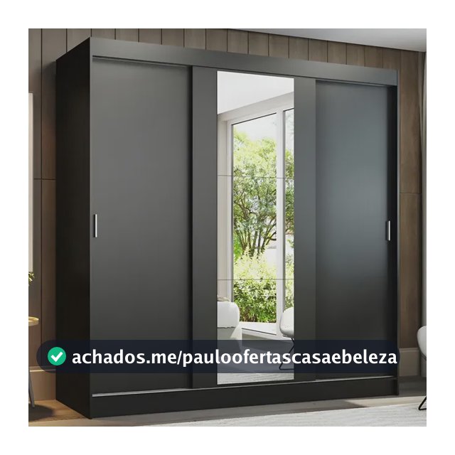Guarda-roupa Casal Armário Quarto Madesa Reno 3 Portas Correr Espelho Preto 1095H91E