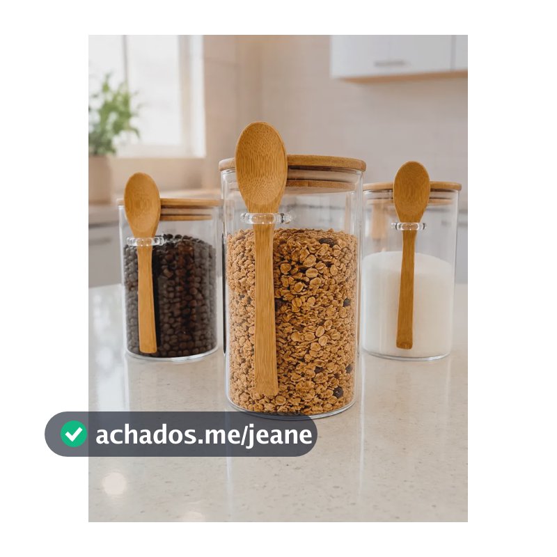 Kit 3 Potes De Vidro Herméticos Com Tampa E Colher De Bambu Neutro