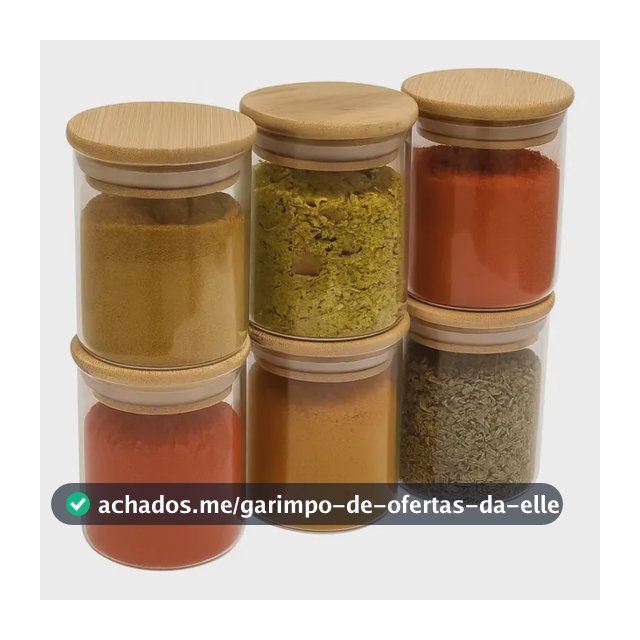 Kit 6 Potes Vidro 200ml Porta Tempero Hermético Tampa Bambu Transparente