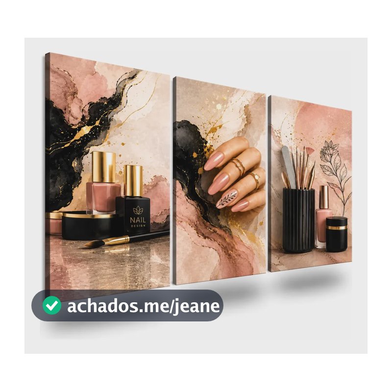 Kit 3 Quadros Nail Designer Manicure Decoração Rosa Gold Manicure 60x40