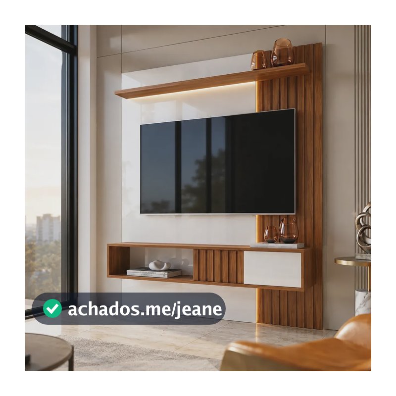 Painel Bancada Suspensa Dj Cosmos 1500 Para Tv Até 55 Ripado Porta Deslizante Design Sala Moderna Cor Branco/Marrom