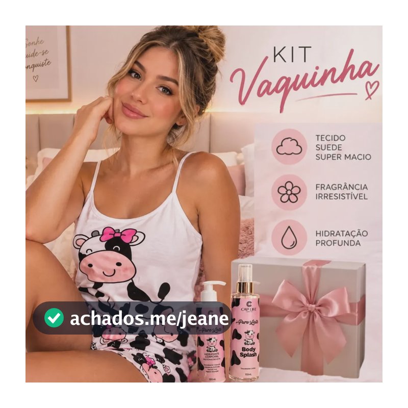 Pijama Feminino Babydoll Kit Presente Body Splash Hidratante Branco E Preto Vaquinha Fofa 42/44 G-gg