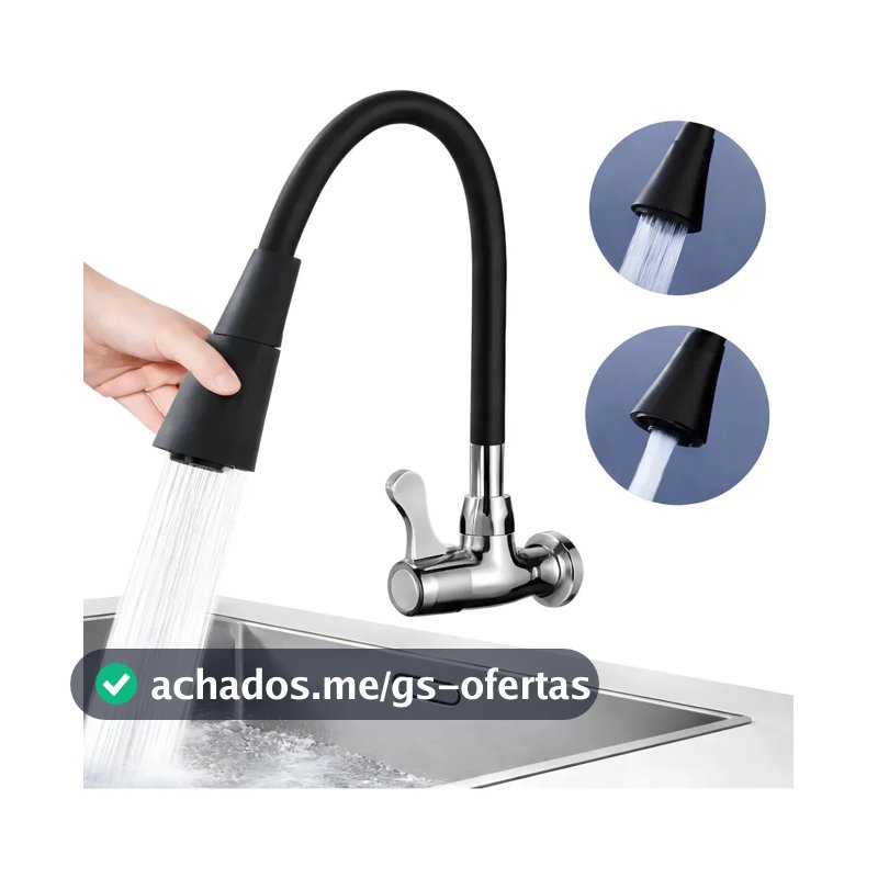 Torneira Gourmet Para Cozinha 2 Jatos Bica Móvel Parede Preta Flexível Jato Cone
