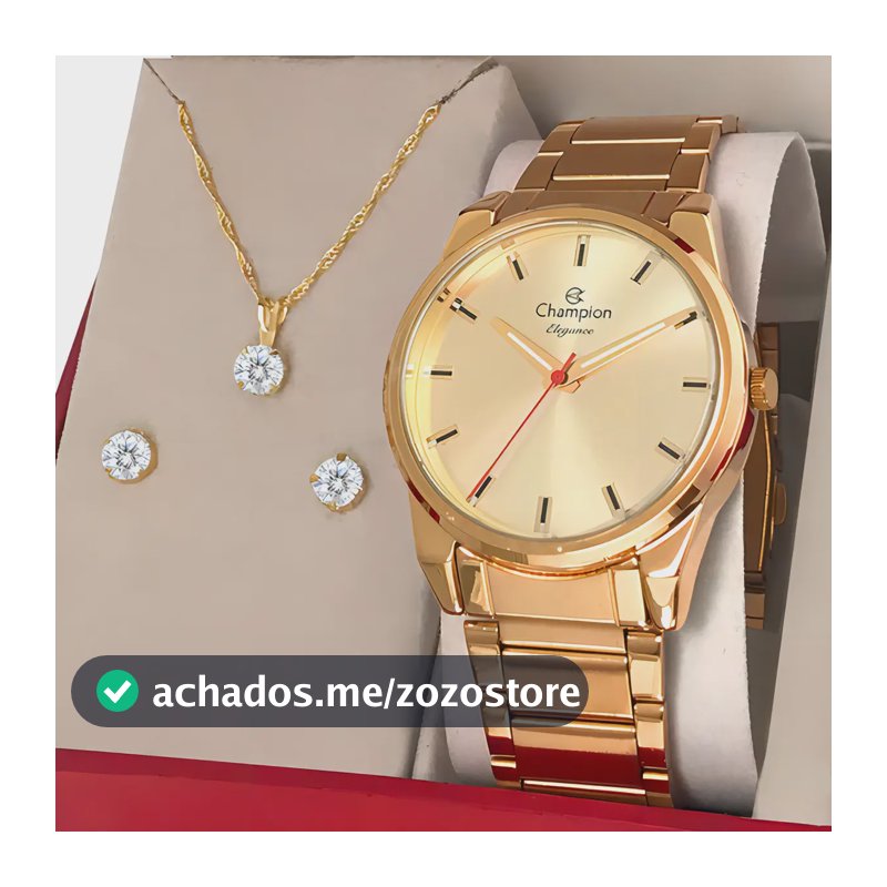 Relógio Feminino Champion CN27590X 40 Milímetros Analógico Dourado Prova D´Agua 50m com Kit Colar e Brincos