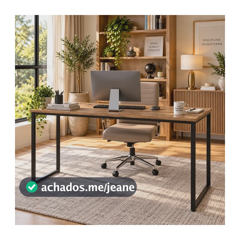 Mesa Escritório 150x60 Estrutura Ferro Reforçado Home Office Lâmina Com Preto