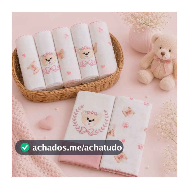 Kit 7 Peças Ursinha Bebê Menina 5 Fraldas E 2 Toalhas Macias
