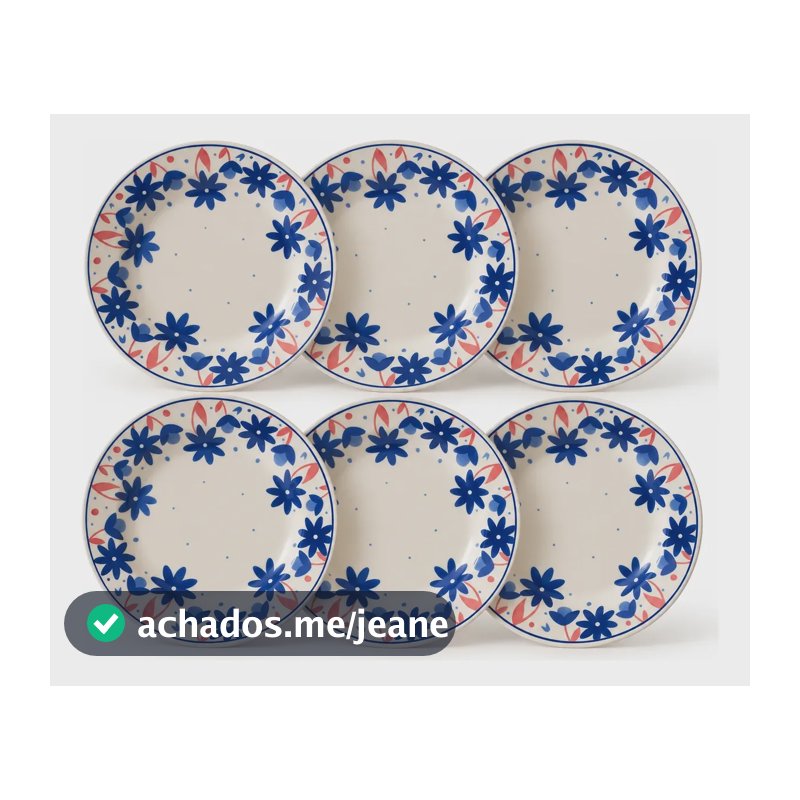 Jogo 6 Pratos Rasos De Cerâmica 24cm Sossego Floral Oxford Vermelho Azul Off Sossego
