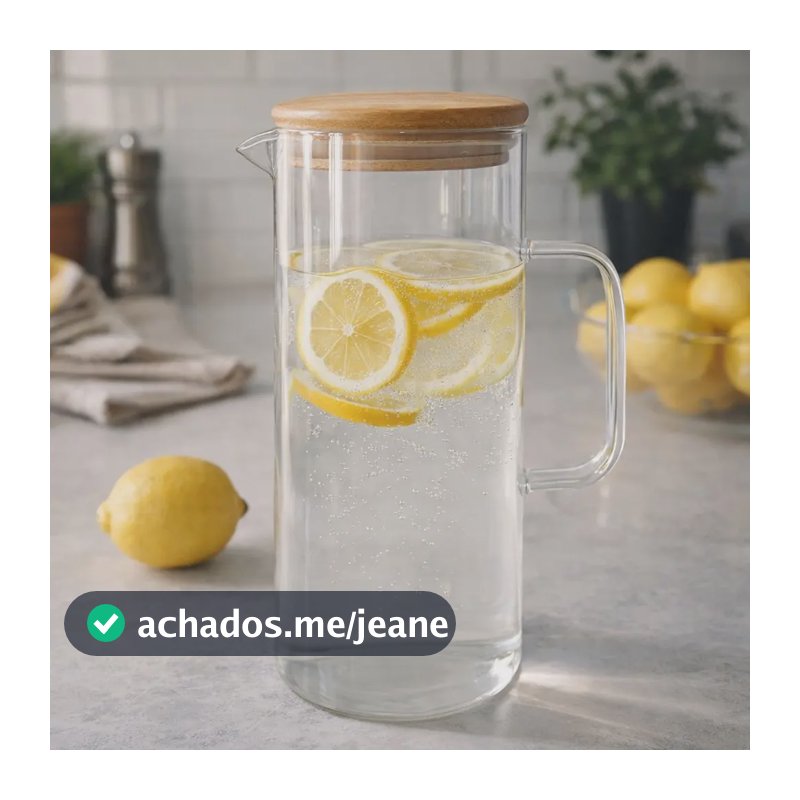 Jarra Vidro Borossilicato Suco Água Tampa Inox Bambu 1500ml Transparente