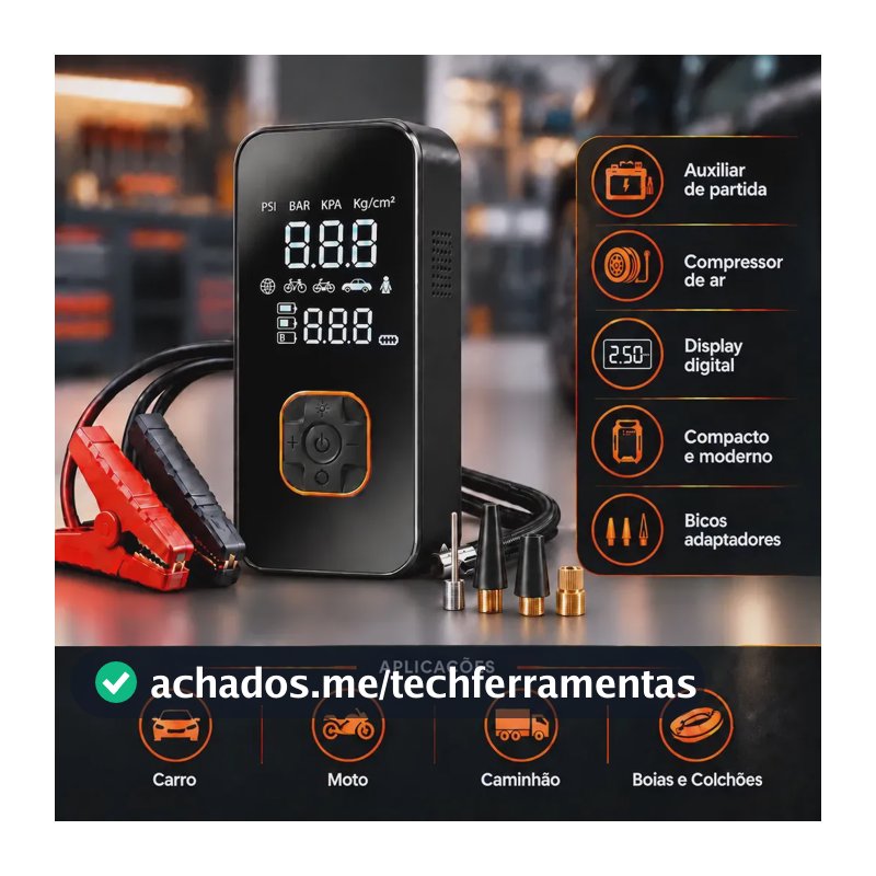 Auxiliar de Partida Bateria Carro com Compressor de Ar Portátil 12V Calibrador Digital Pneu Inflador Veicular Emergência Automotivo para Moto SUV Caminhonete Pickup Hardline