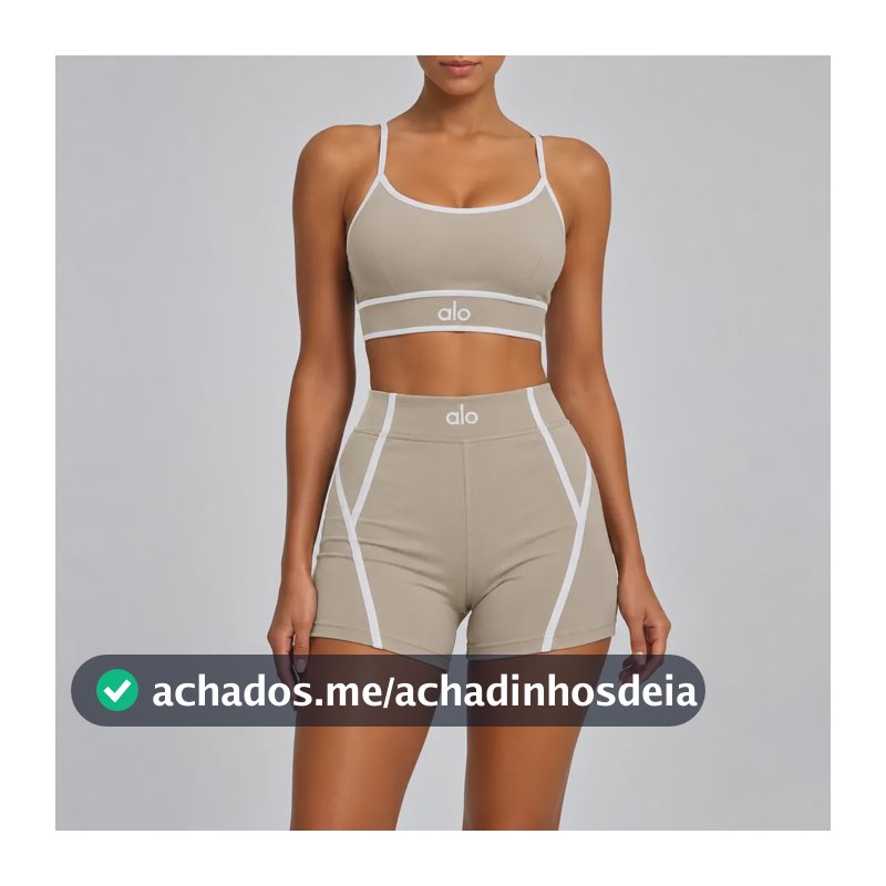 Conjunto Fitness Feminino Yoga Alo Top E Shorts Meia Coxa Bege Lisa P/m