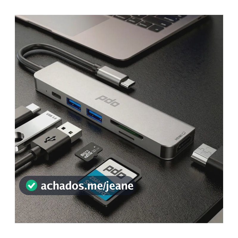 Hub USB-C 6 em 1 PDO com HDMI 4K e 3 Portas USB para Notebook, MacBook e iPad
