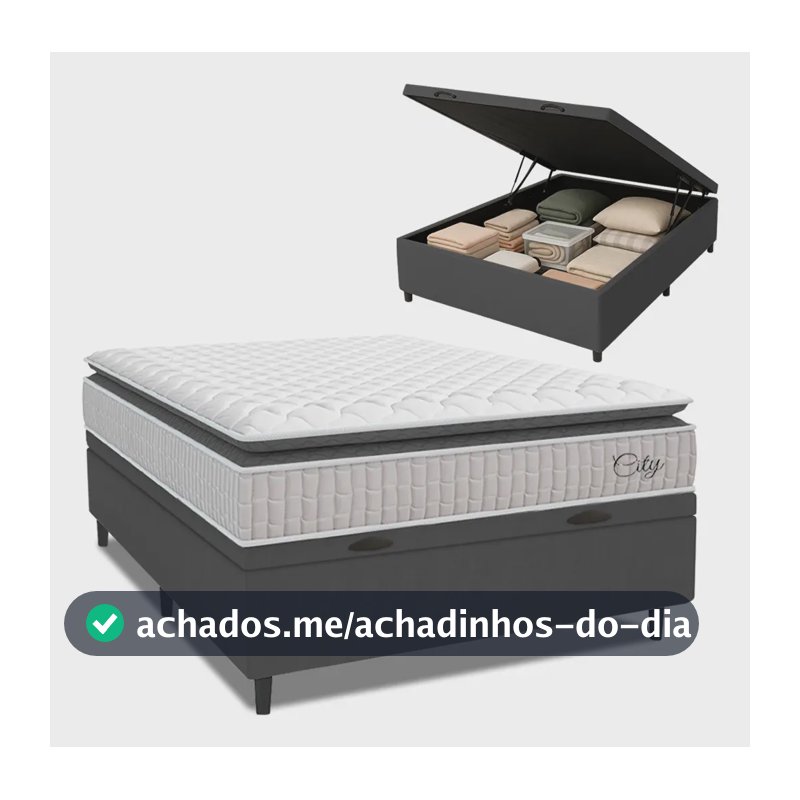 Cama Box Baú Colchão Casal Molas Ensacadas City Pillow Top 138x188x64cm Branco e Cinza Hellen Suporta até 110kg por Pessoa