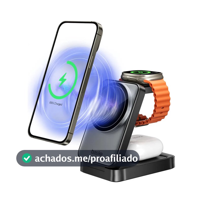 Carregador Sem Fio 3 em 1 de 15W para Celular, Smartwatch e Fones - Preto