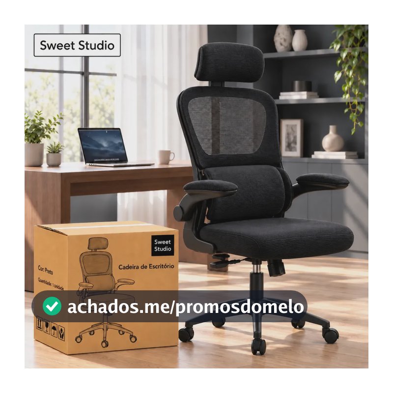 Cadeira Sweet Studio Escritório Ergonômica Giratória Preto Com Apoio Lombar e Apoio de cabeça
