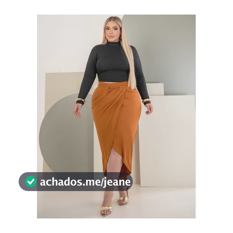 Saia Midi Plus Size Elegante Com Fenda Frontal Executiva Caramelo Liso G1