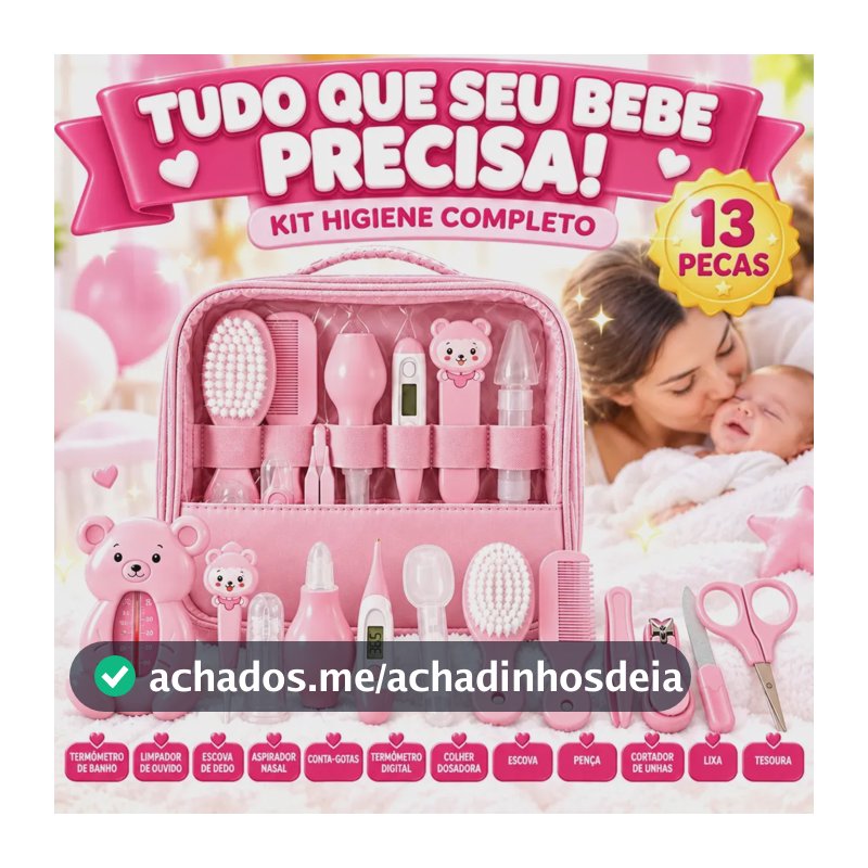 Kit Higiene Cuidados Bebê Rosa Recém Nascido Completo 13 Peças Bolsa Maternidade Termômetro Digital Aspirador Nasal Escova Pente Cortador De Unha Azul Menino Chá De Bebê Presente Louis Riel Acustico